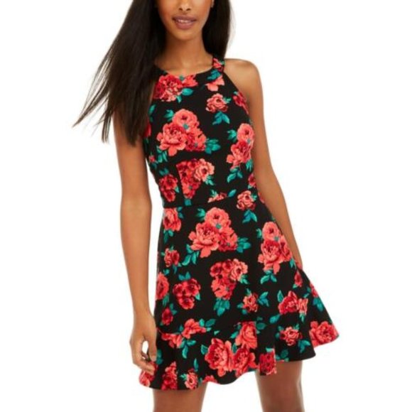 NEW Black Floral Jr Sz 13 Church Office Stretchy Sleeveless Fit & Flare Dress - Picture 1 of 2